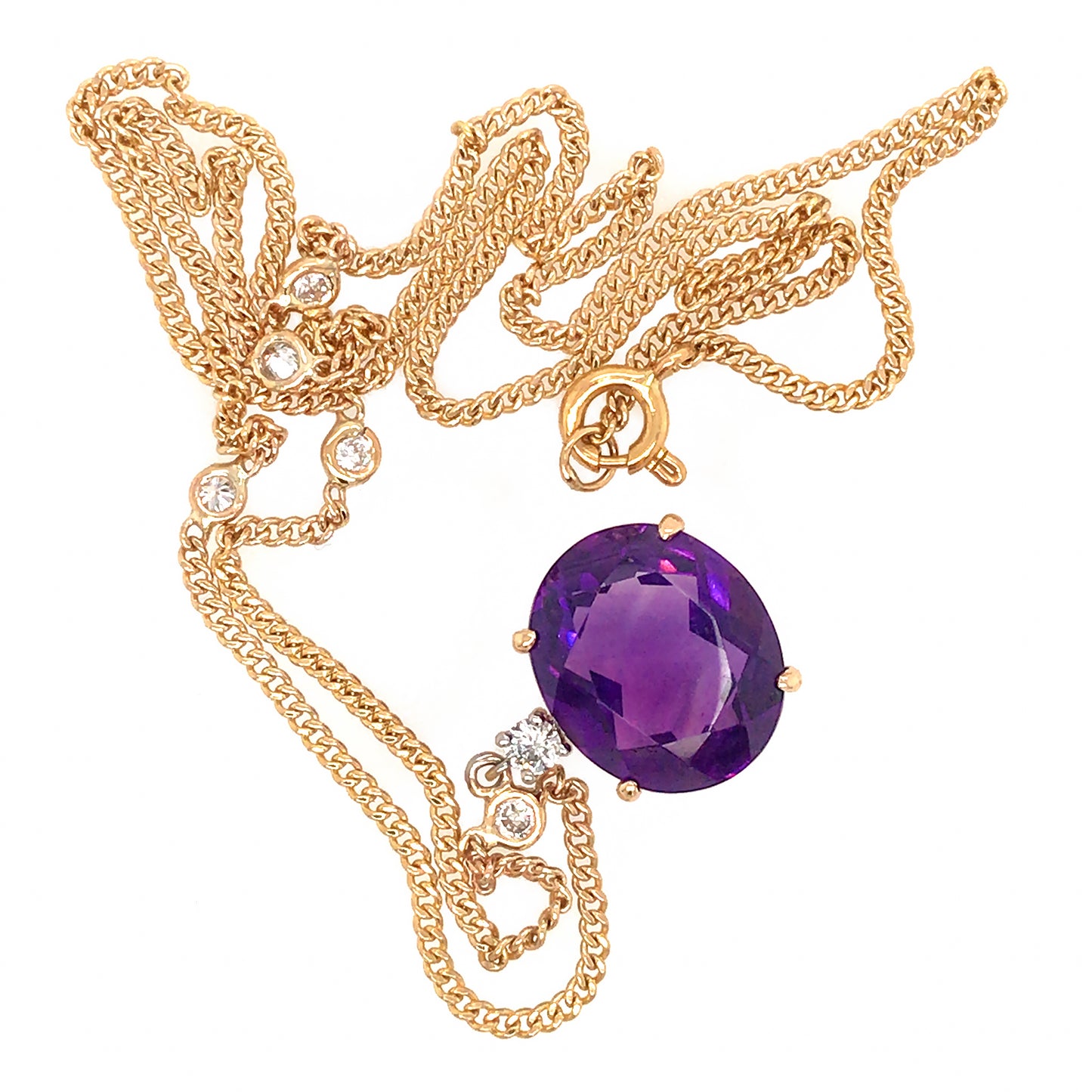 Lovely 14k Yellow Gold Amethyst Pendant with Diamond By the Yard Necklace
