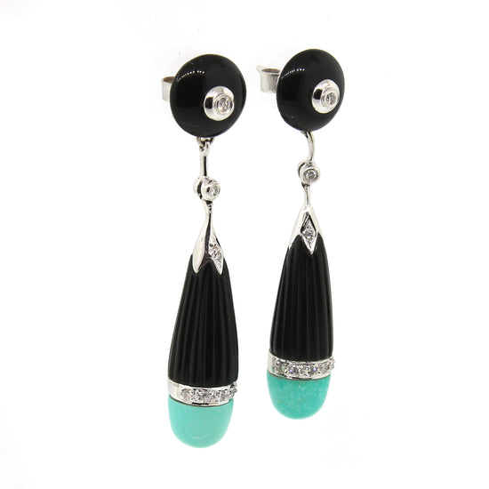 Deco Style Diamond, Onyx and Turquoise Drop Earrings