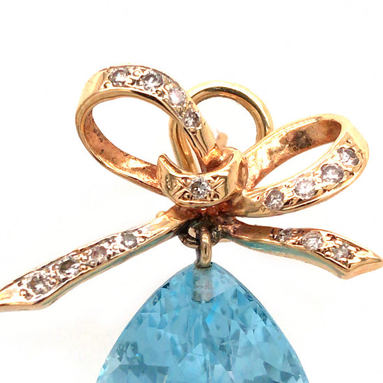 14k Yellow Gold Blue Topaz and Diamond Bow Earrings