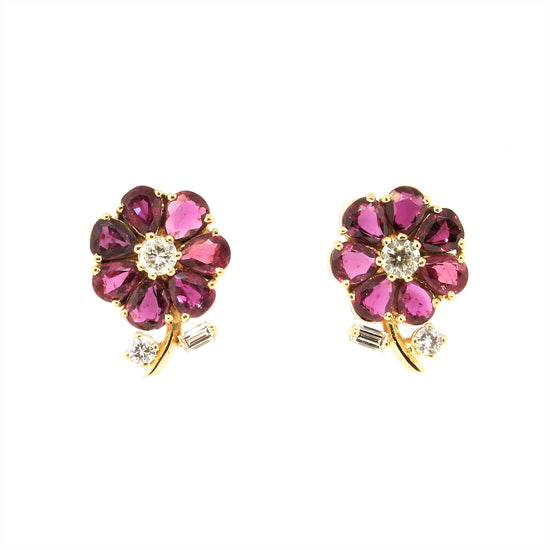 Ruby and Diamond Flower Studs Earrings