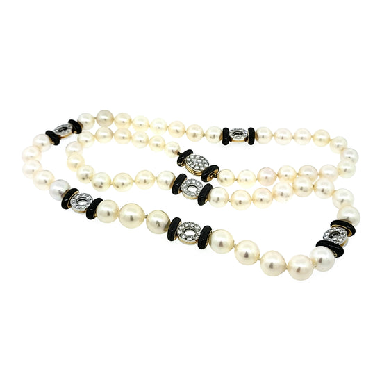 Cultured Pearl Long Necklace with Onyx and Diamonds Rondells