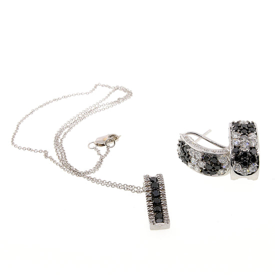 14k White Gold Black and White Diamond Hoop Earrings and Pendant Set
