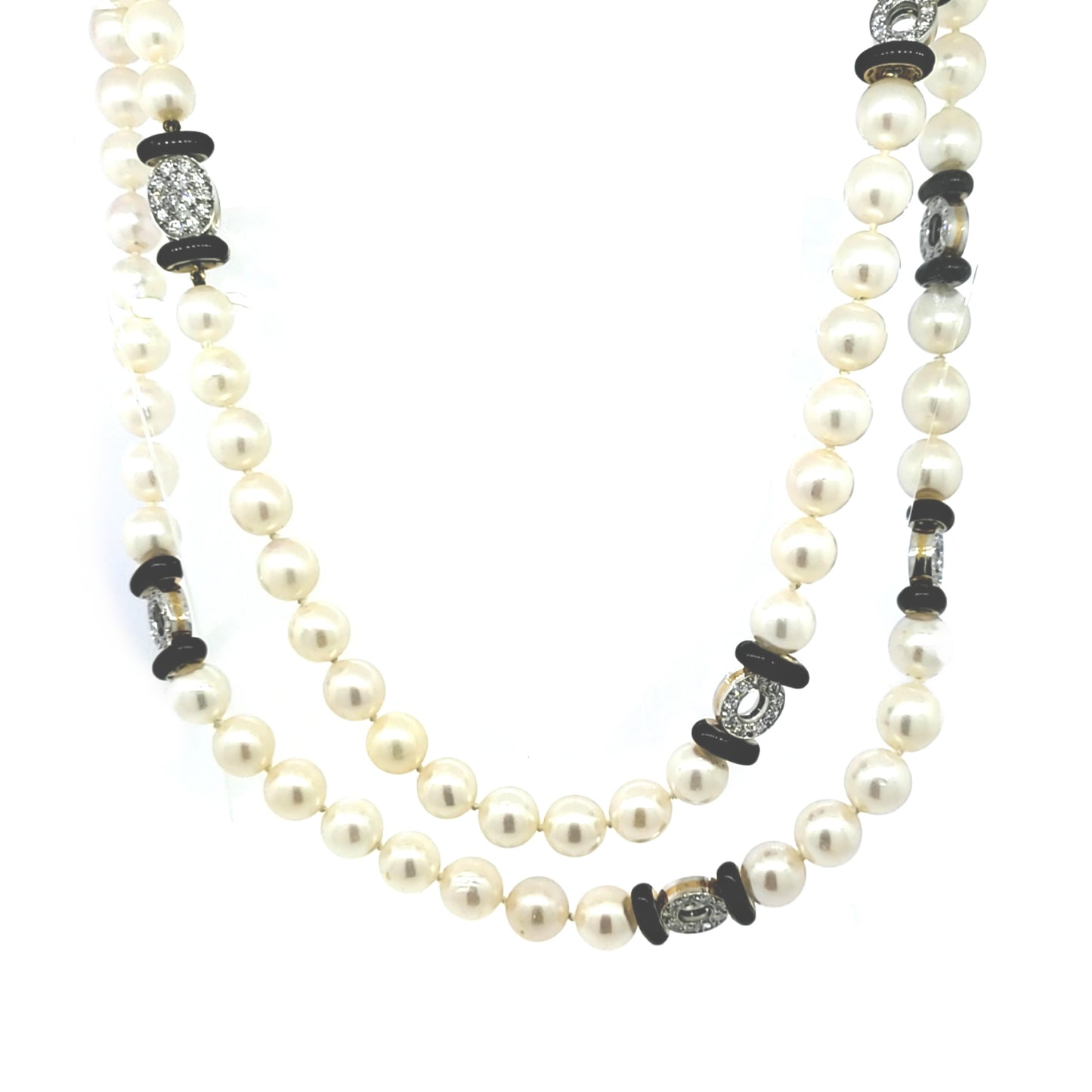 Cultured Pearl Long Necklace with Onyx and Diamonds Rondells