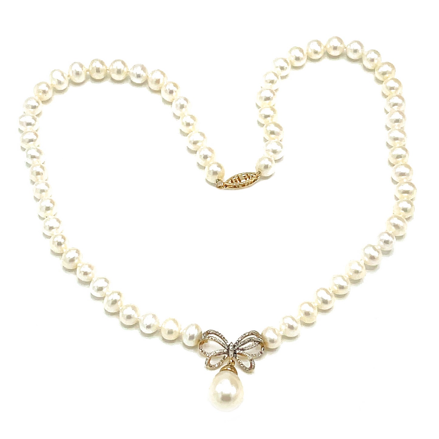 14k Yellow Gold Pearl with Diamond Ribbon Lock Clasp Necklace