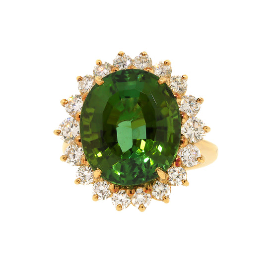 Dazzling Green Tourmaline Ring Nested in Diamonds