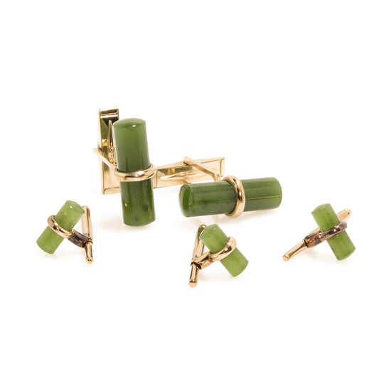 Estate 14K Yellow Gold Jade Cufflinks and Shirt Studs Set