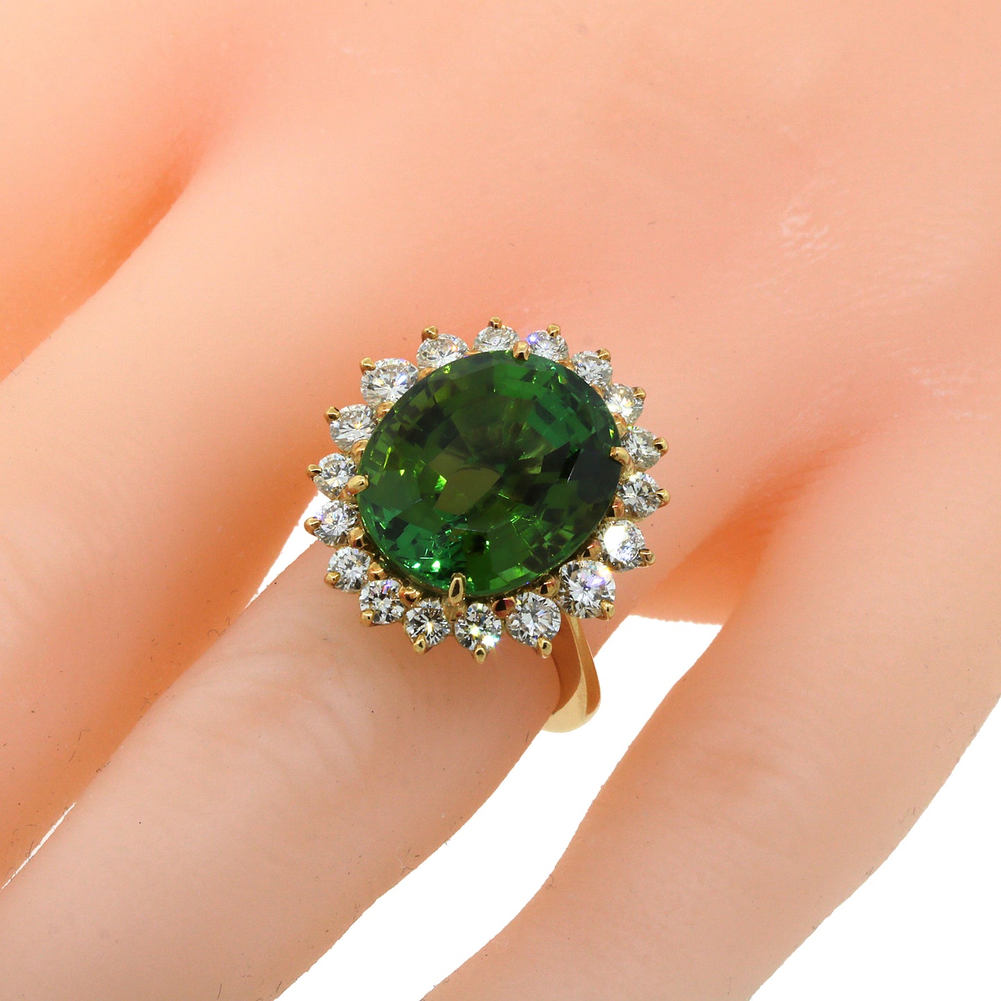 Dazzling Green Tourmaline Ring Nested in Diamonds