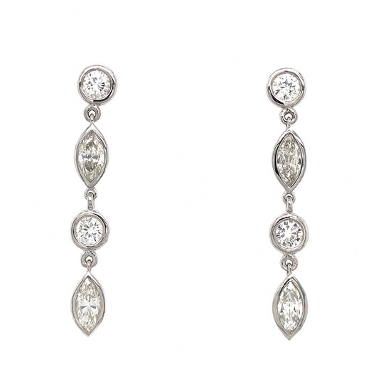 FAB DROPS 14k White Gold Round and Marquise Diamond Drop Earrings