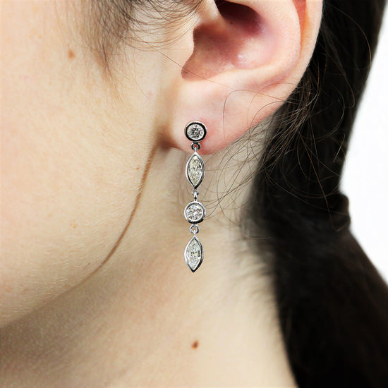 FAB DROPS 14k White Gold Round and Marquise Diamond Drop Earrings