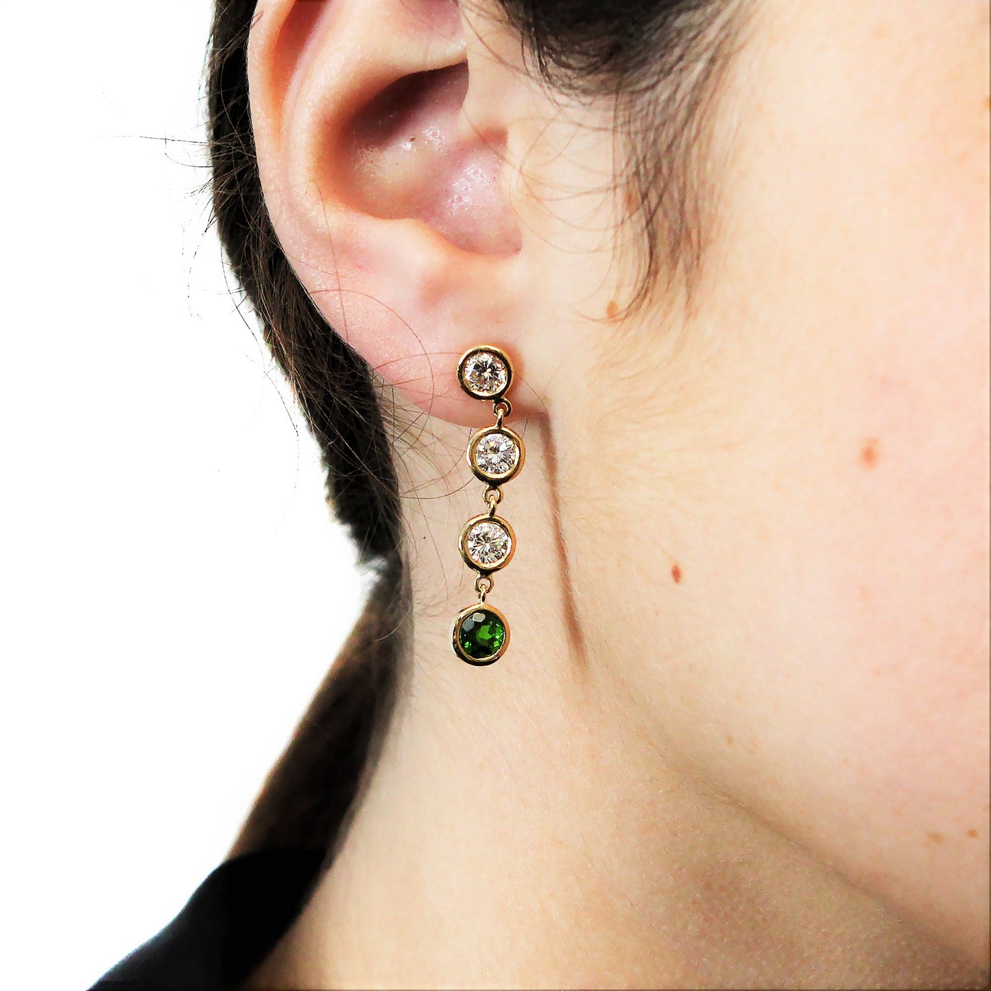 FAB DROPS 18K Yellow Gold Round Diamond and Chrome Diopside Drop Earrings