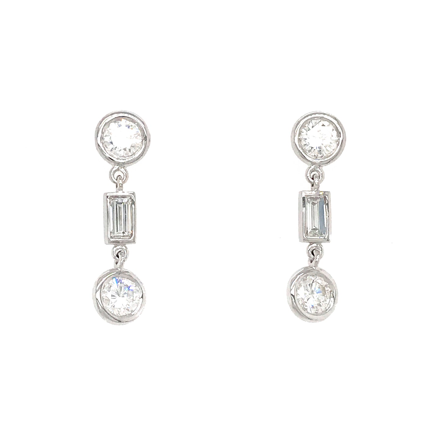 Fab Drops 14k White Gold Baguettes and Round Diamond Drop Earrings