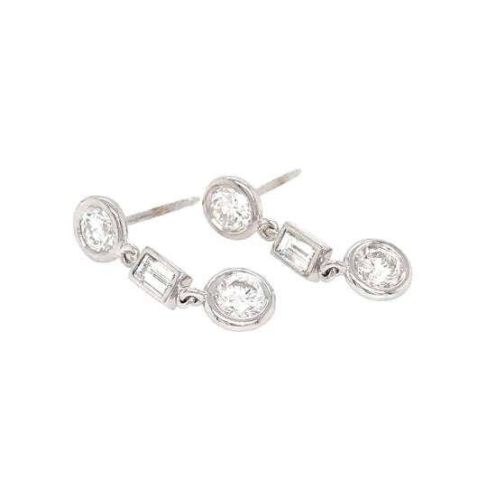 Fab Drops 14k White Gold Baguettes and Round Diamond Drop Earrings