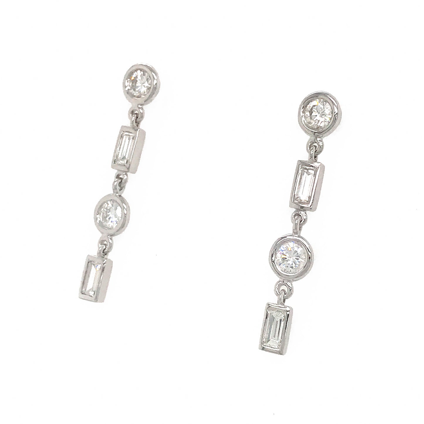 FAB DROPS 14k White Gold Round and Baguettes Diamond Drop Earrings