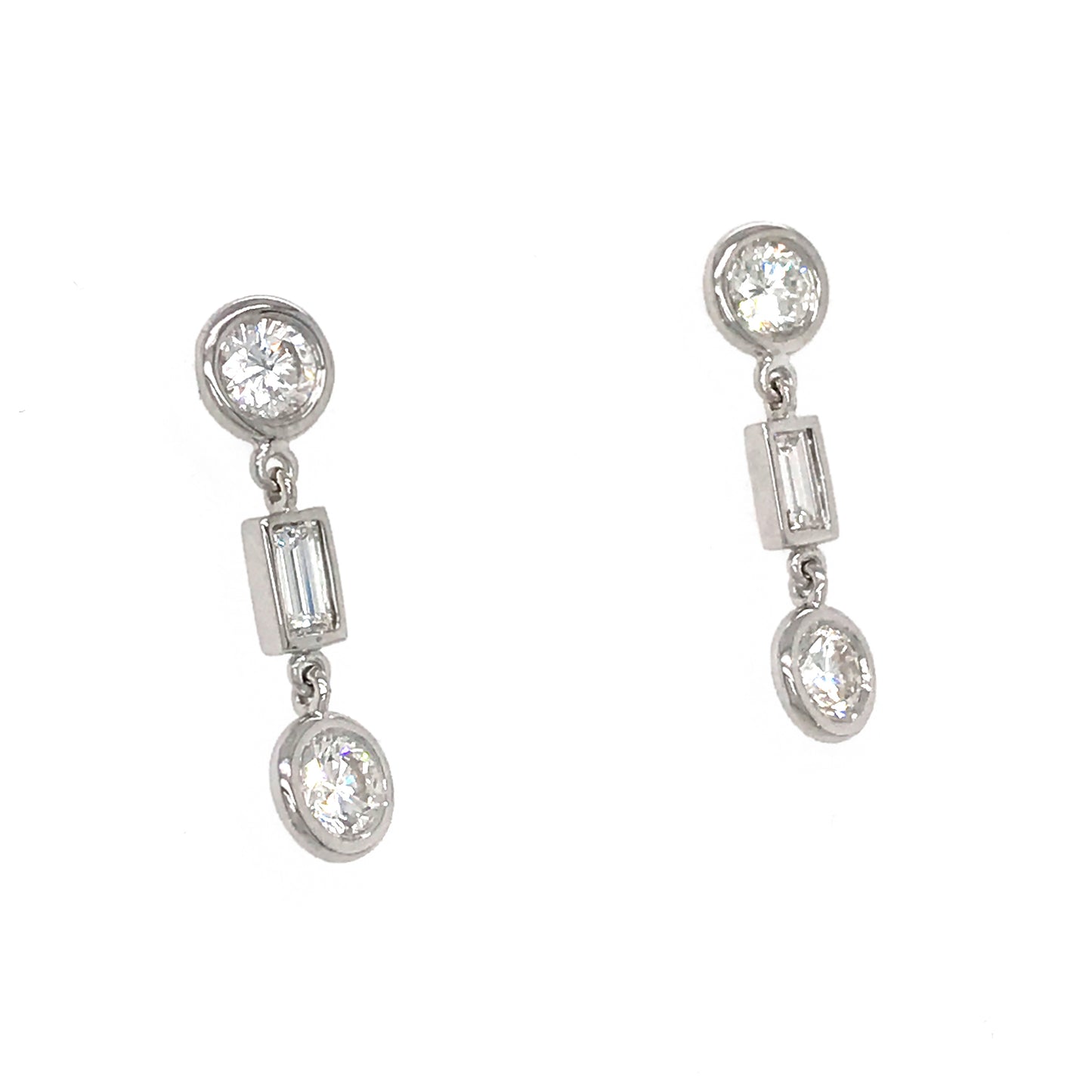 Fab Drops 14k White Gold Baguettes and Round Diamond Drop Earrings